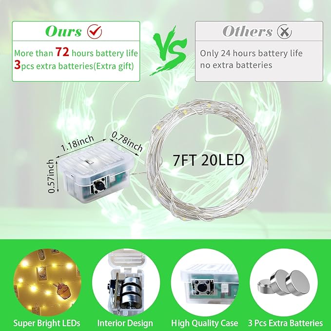 Green Fairy Lights 100 Pack 7Ft 20 LED Twinkle String Lights 3 Modes Battery Operated Waterproof Firefly Starry for Mason Jar Party Wedding Christmas Valentines Day Table Centerpieces
