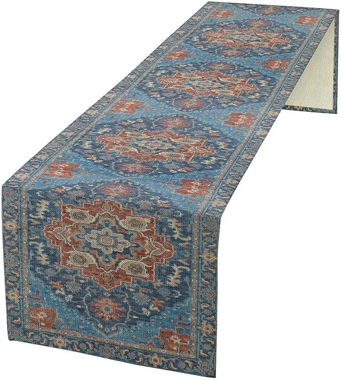 Boho Floral Vintage Table Runner, Retro Abstract Blue Flower Rustic Country Farmhouse Pattern for Home Kitchen Table Decor Dining Coffee Room Party Decor 13x60in