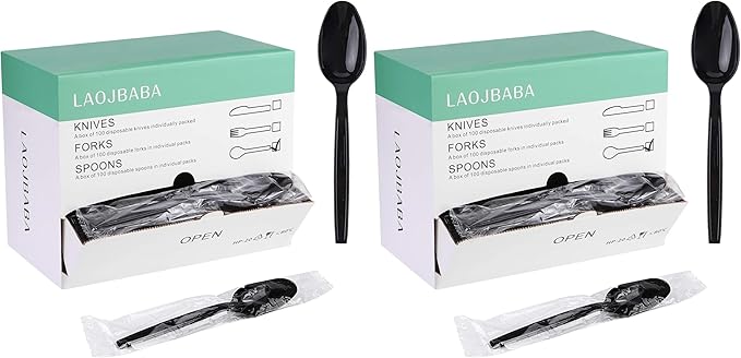 Disposable Plastic Spoons, 7-Inch Black, 100 Individually Packaged