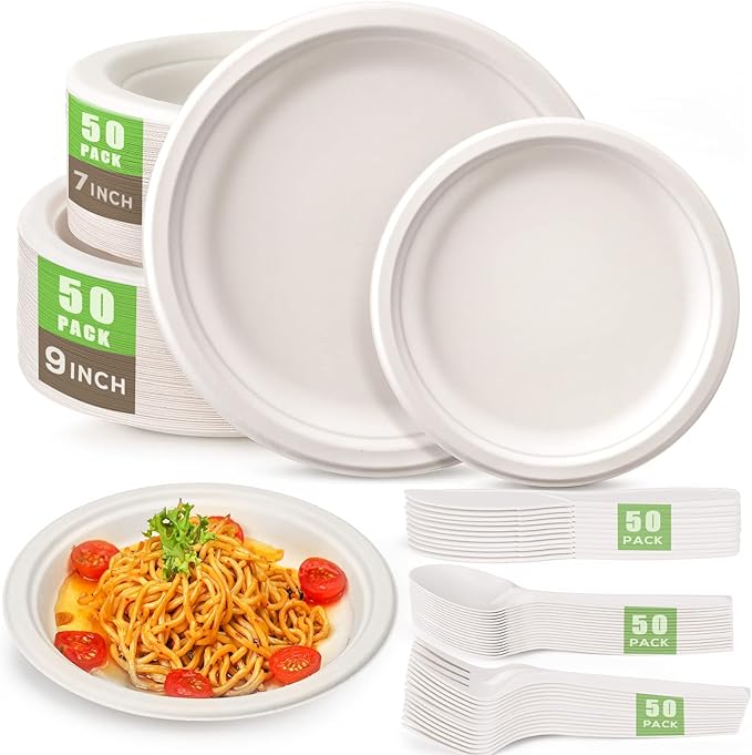 Plates 250-Piece Compostable Bagasse Disposable Dinnerware Set in White