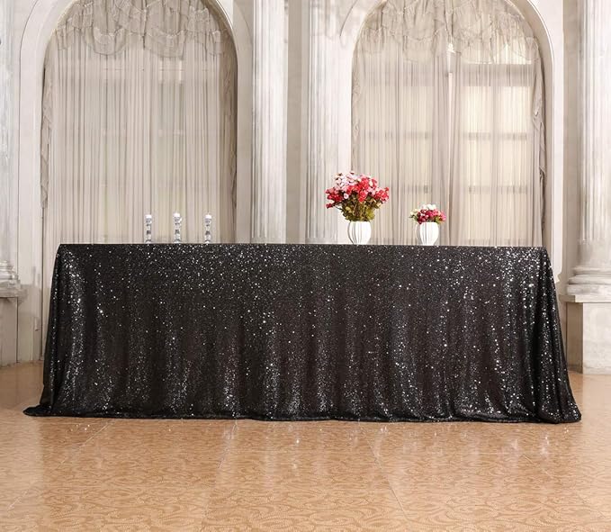 SquarePie Sequin Tablecloth 60 x 120 Inch Black Sparkly Table Linen for Halloween Wedding Party