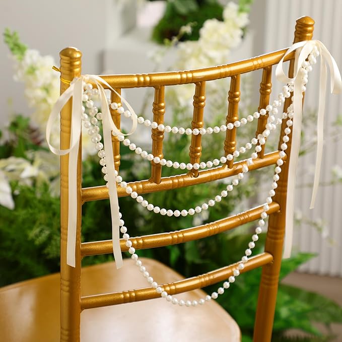 Garlands Ivory Faux Pearl Chair Sashes with Champagne Pink Satin Bows