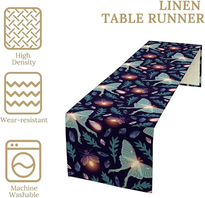 Moth Table Runner, Retro Boho Aesthetic Blue Moth Magic Table Runner for Home Kitchen Dining Party Indoor Outdoor Decoration 13x70 Inch