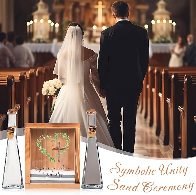 Vases Wedding Sand Ceremony Set, Wood Frame, 2 Glass Vases, White and Gray Sand