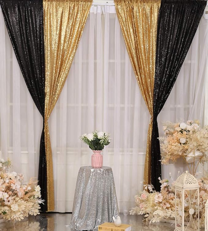 Backdrop Curtain with Black Sequins, 120 x 120 Inch, Pack of 2