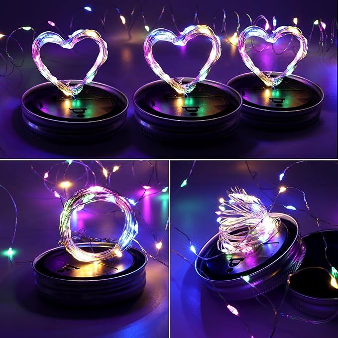 Solar Mason Jar Lights [Upgraded], 12 Pack 30 LED Firefly Fairy String Lights, Waterproof Outdoor Solar Mason Jar Lid Lights with Hangers(NO JARS) for Patio Garden Yard Wedding Decoration - Multicolor