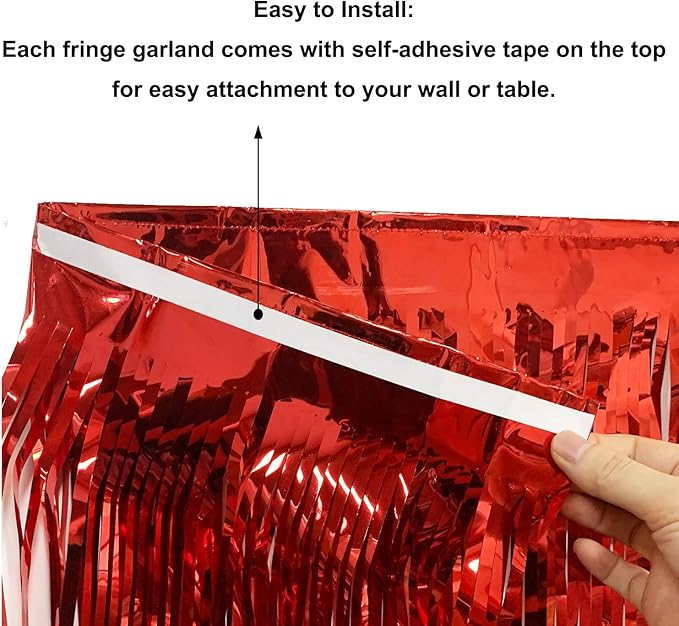 Thick 10 Feet by 15 Inch Red Foil Fringe Garland - Pack of 3 | Shiny Metallic Tinsel Banner for Parade Floats, Bridal Shower, Wedding, Birthday, Christmas | Wall Hanging Drapes (3)