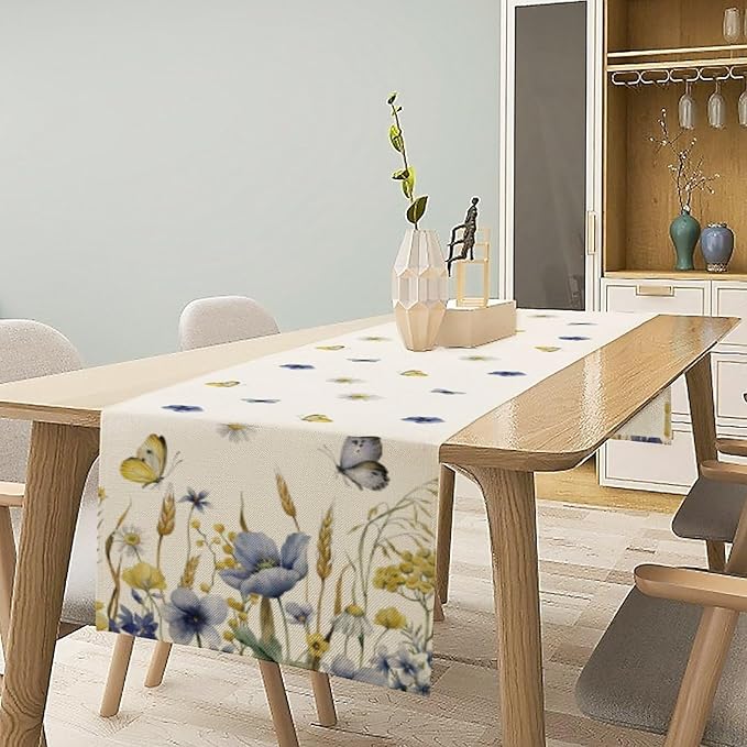 Floral Table Runner, Spring Watercolor Flower Plants Nature Butterfly Table Runner for Kitchen Dinner Living Room Home Party, 13x108 Inch