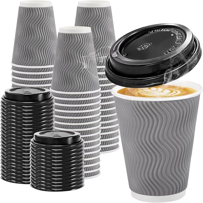 Disposable Paper Coffee Cups with Lids, 12 oz Gray, Pack of 100