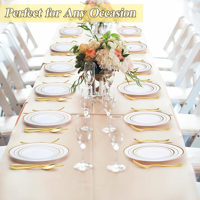 100PCS White Plastic Plates Set with Gold Rim, 50 10.25 inch Heavy Duty Dinner Plate and 50 7.5 inch Dessert Appetizer Plates, Premium Disposable Plates for Party, Wedding, Birthday