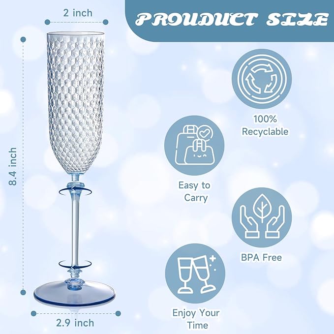 Champagne Glasses 24 Pack Dusty Blue Plastic Flutes, 5.5 oz