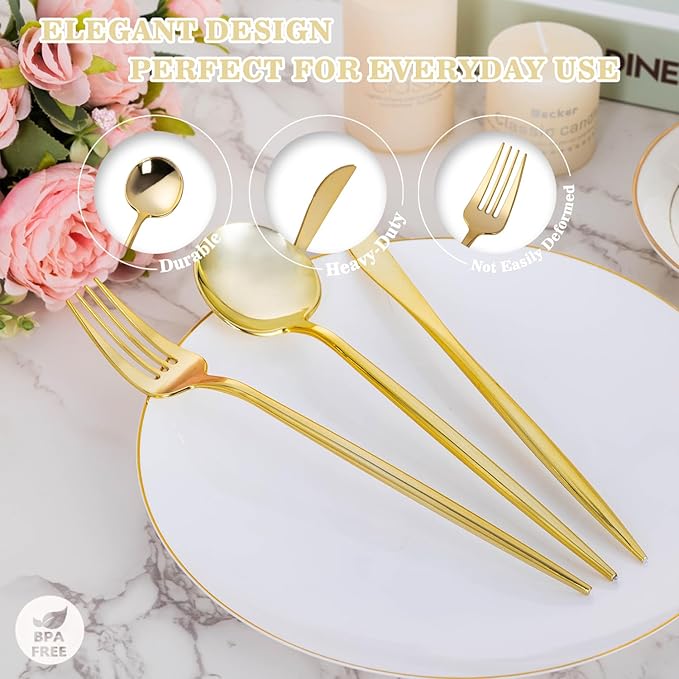 Forks, Knives and Spoons Set: 150 Gold Plastic Pieces, Heavy Duty