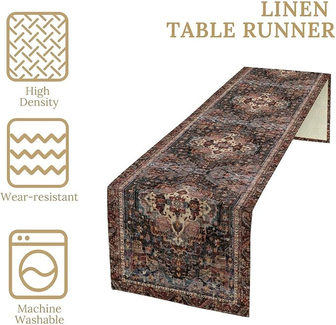 Vintage Boho Floral Table Runner, Rustic Country Farmhouse Black Bohemia Flower Pattern for Home Kitchen Table Decor Dining Coffee Room Party Decor 13x108in