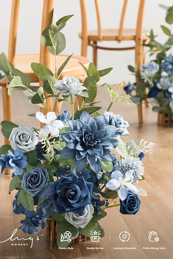 Artificial Flower Arrangements Set of 4, Dusty Blue and Navy Wedding Decor