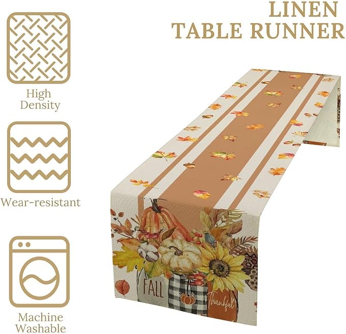 Autumn Table Runner,Thanksgiving Fall Pumpkin Leaves Floral Table Cloth for Kitchen Dining Table Decoration Home Party Decor 13x120 Inch