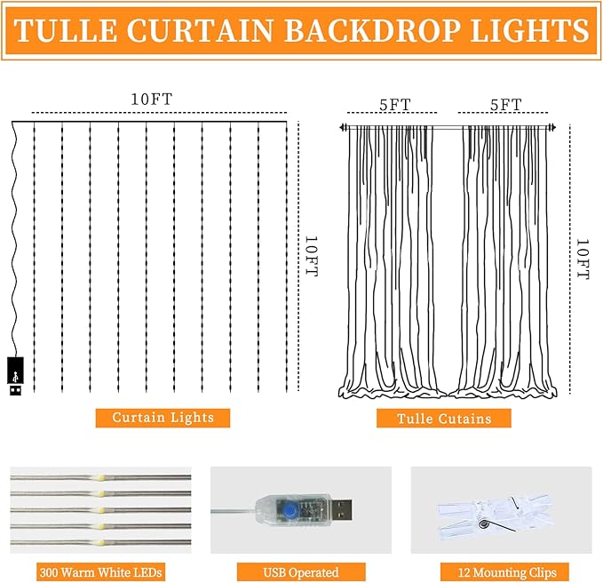 10x10ft White Tulle Backdrop Curtain with String Lights, Wrinkle-Free Sheer Wedding Backdrop for Birthday Parties, Baby Showers, Bridal Showers, Photo Shoots and Home Decorations, White