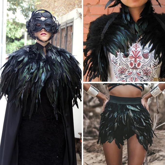 Holmgren Natural Rooster Feather Trim - 2 Yards 5-7inch Rooster Feathers Fringe Trim for Feather Shawl Cape, Gloves, Dress Costume and Home Party Decoration (Natural)