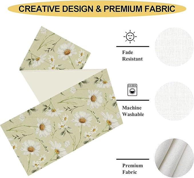 Daisy Floral Table Runner, Rustic Seasonal Spring Wild Flower Rustic Blue Wood Farmhouse Table Center Decor for Home Kitchen Dining Patio Holiday Party Indoor Outdoor Table Decorations, 13"x72" Inch