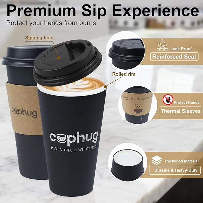 Cups, 16 oz Paper Hot Cups with Lids and Sleeves, 100 Count