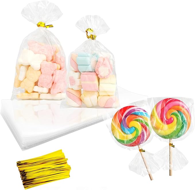 Cidenbio 100 PCS Cellophane Treat Bags, 3x5 In Clear Cellophane Gift Bags with Twist Ties Plastic Goodie Bag for Party Favor Cookie Candy Popcorn Bakery Chocolate Gift Wrapping
