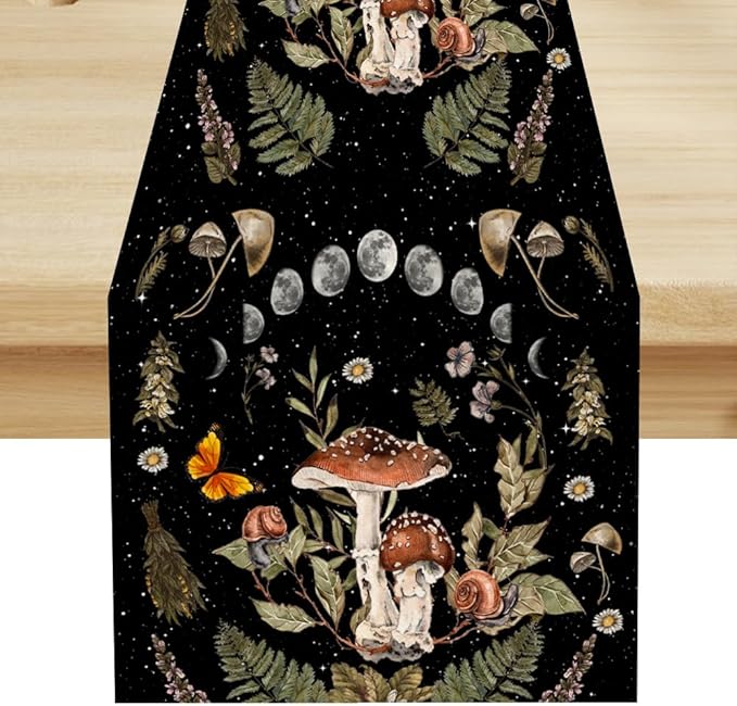 Mushroom Kitchen Table Runner, Boho Vintage Wild Flower Gothic Witchy Moonlit Forest Plant Table Runner for Bedroom Living Room Kitchen Dinner Table, 13x120 Inch