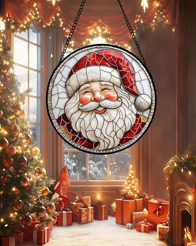 Stained Glass Window Hanging - Red White Santa Claus Suncatcher for Doors Home Christmas Decoration Winter Sun Catcher Thanksgiving New Year Birthday Gifts for Women Men Mom Nana Girl 15 in