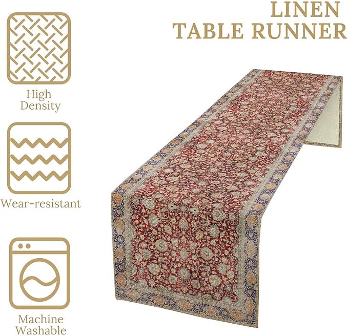 Boho Bohemia Style Table Runner, Vintage Red Blue Retro Flower Rustic Country Style Floral Print Pattern for Home Kitchen Table Decor Dining Coffee Room Garden Party Decor 13x120in