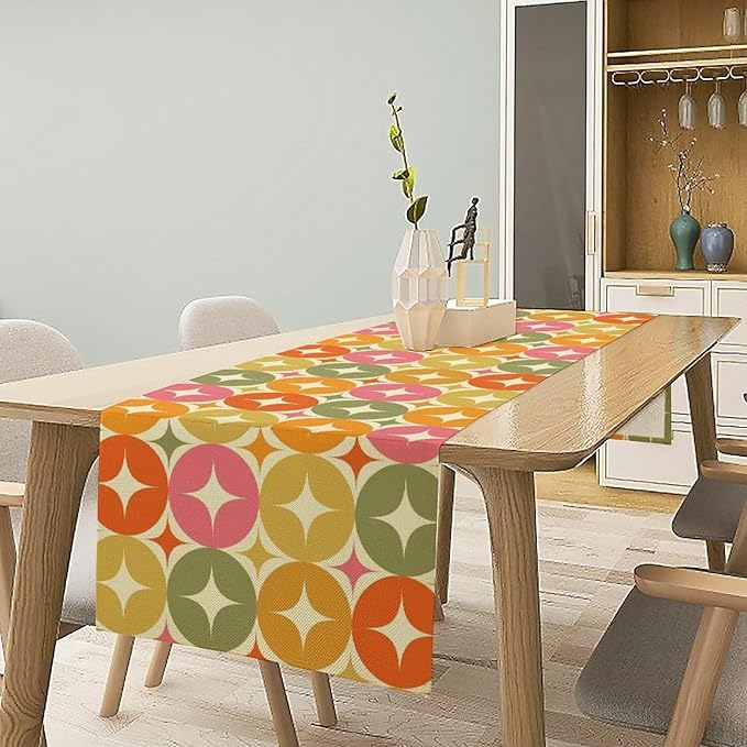 Mid Century Table Runner, Flag Retro Atomic Starburst 1950s Abstract Geometric Space Tabletop Decoration for Home Kitchen Restaurant Table Flag 13x70 Inch