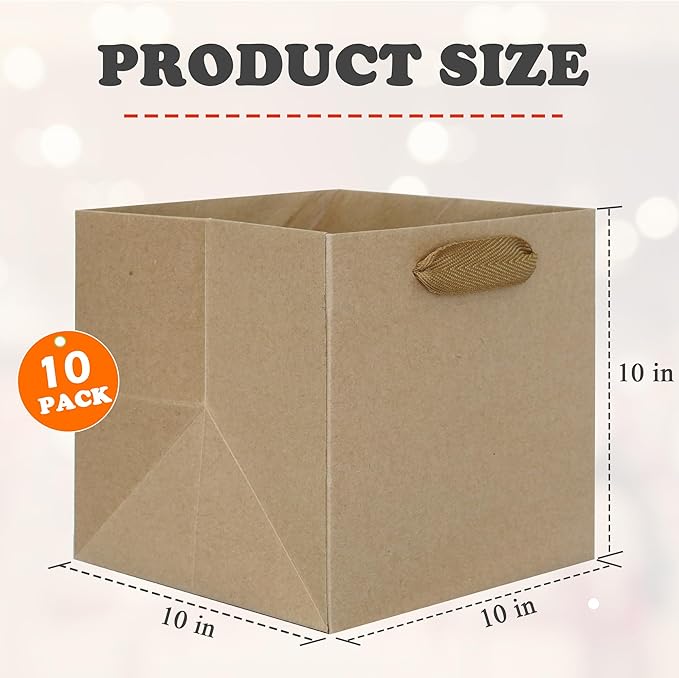 Gift Bags with Handles: Kraft Brown Paper, 10-Pack, 10x10x10 Inch