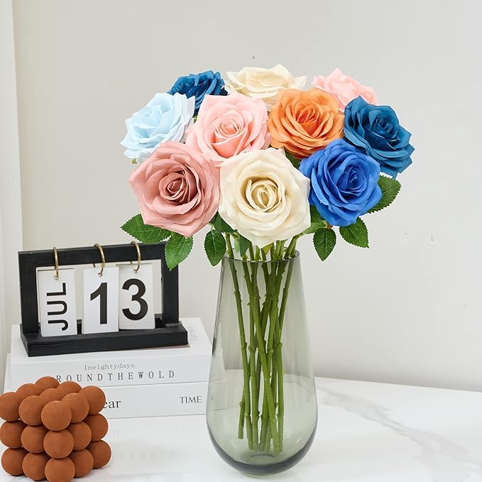 Artificial Rose 10pcs Open Flower Bouquet Faux Rose Stems for Wedding Arrangement, Bridal Bouquet, Centerpiece, Fake Faux Silk Flowers (Light Dusty Rose)