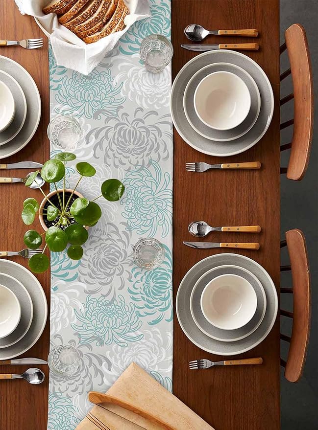 Auqa Chrysanthemum Cotton Linen Table Runner for Dining Kitchen, Wedding Outdoor Party Tablerunners Decoration, Farmhouse Floral Botanical Leaves Dresser Scarf Coffee Tablecloth Runners 13x108 Inches