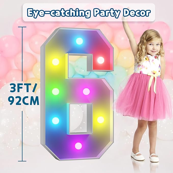 Number 6 Marquee Light Sign with Remote, Waterproof 3 Ft Party Decor