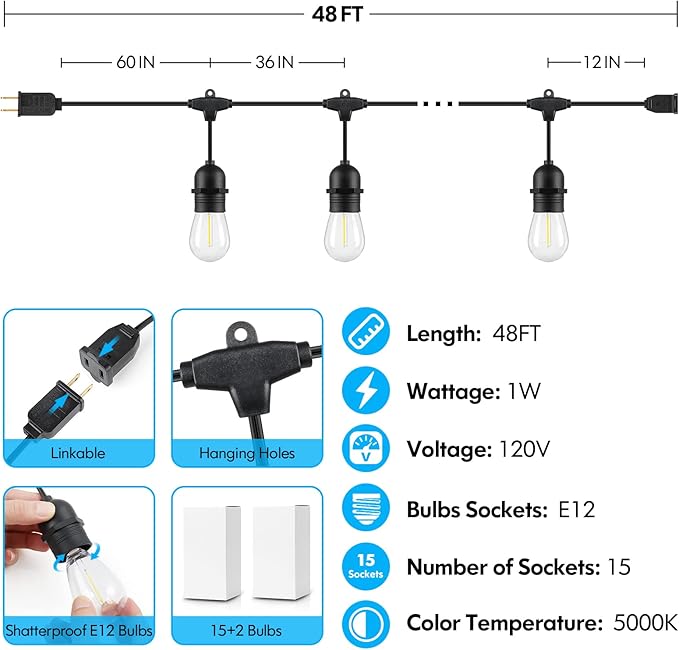 String Lights 48FT Outdoor Patio, 15 Sockets, Daylight White