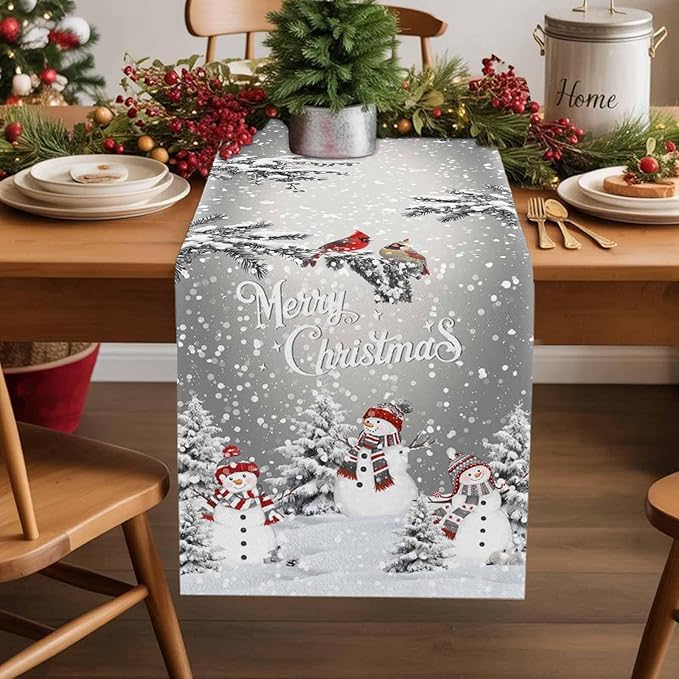 Christmas Snowman Cotton Linen Table Runner for Dining Kitchen, Snowflakes Xmas Pine Tree Wedding Outdoor Party Tablerunner Decoration Winter Bird Dresser Scarf Coffee Tablecloth Runners 13x120 Inches