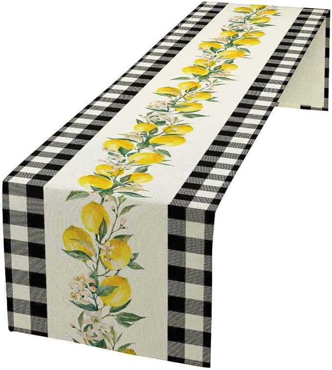 Lemon Table Runner,Black Buffalo Plaid Lemon Table Runner Farmhouse Style Spring Summer Home Kitchen Dinding Room Table Decoration 13x60 Inch