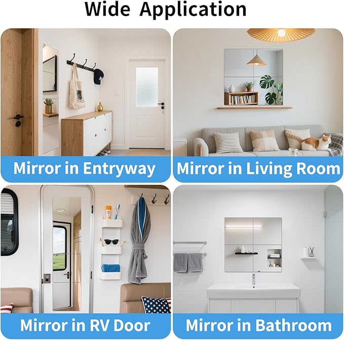 Unbreakable Acylic Small Mirror Tiles for Kids, (4-Pcs 11.5x11.5 Inch) Plastic Mirrors for Wall, Stick on Mirrors for Wall Decor, Shatterproof Mirror for Kids Bedroom
