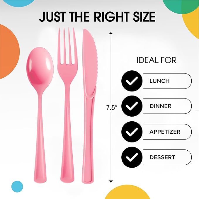 Pink Plastic Cutlery Set, 300 Pieces with Forks, Spoons and Knives