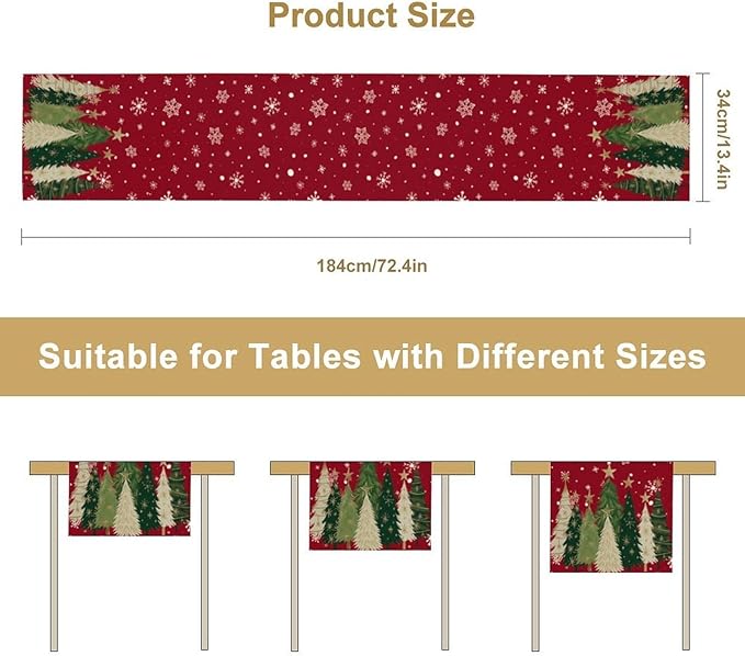 Merry Christmas Table Runner,Red Christmas Tree Snowflake Winter Seasonal Table Cloth Kitchen Dining Table Decoration for Home Party Decor 13x60 Inch