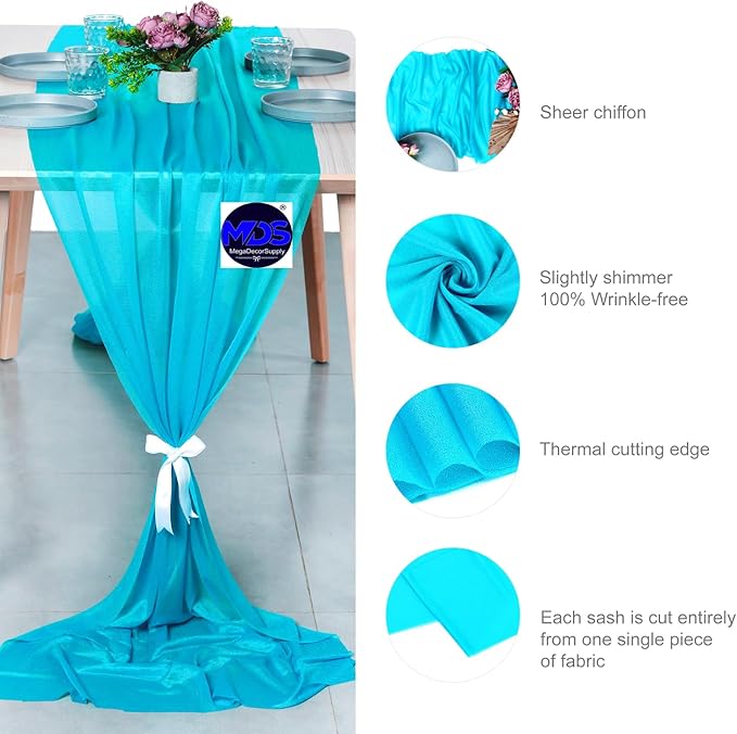 MDS 10 Pack 10ft Chiffon Table Runner 29 x 120 Inches Sheer Wedding Runner Romantic Rustic Table Runner for Wedding Decorations, Birthday Parties, Bridal Shower Party Arch Decor -Turquoise