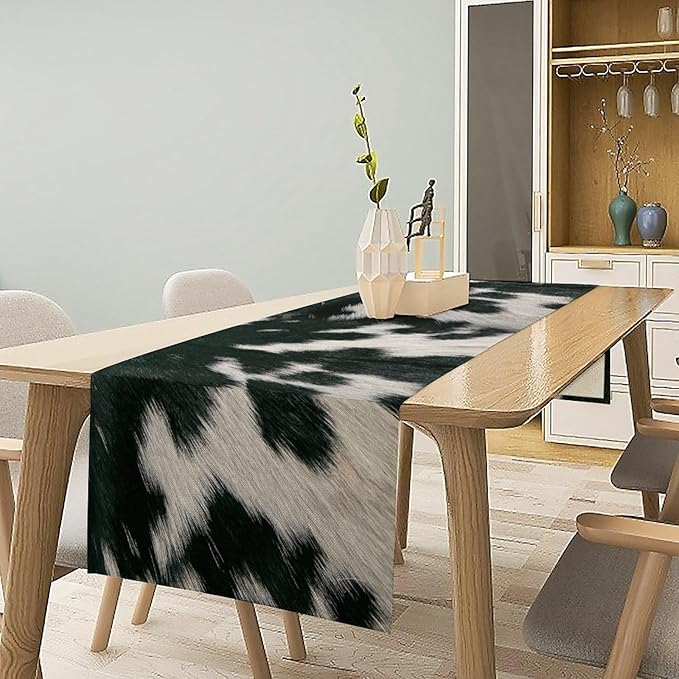 Cow Skin Print Table Runner, Rustic Country Farm Fur Skin Cowhide Pattern Western Style Black White Print Table Runner for Home Kitchen Dinning, 13x120 Inch