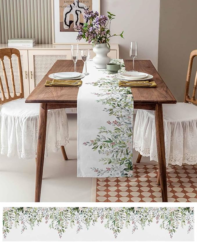 Botanical Eucalyptus Cotton Linen Table Runner for Dining Kitchen, Wedding Outdoor Party Tablerunners Decoration, Sage Green Leaves Elegant Floral Dresser Scarf Coffee Tablecloth Runners 13x90 Inches
