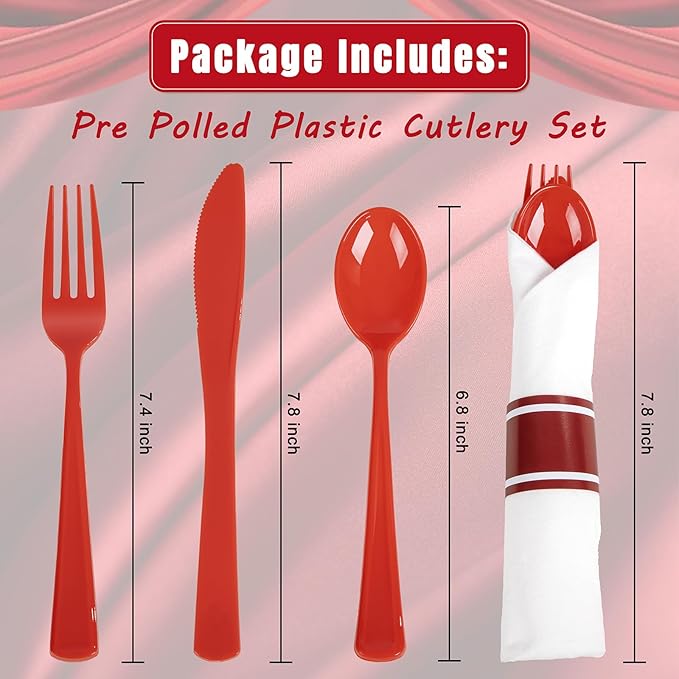 Red Plastic Disposable Spoon, Fork and Knife Set with Napkins, 400 Pieces