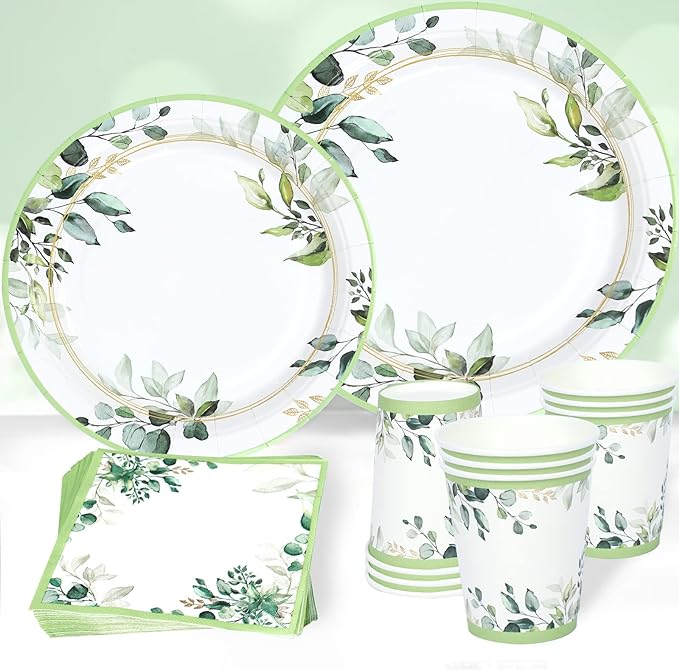 Green Party Plates Supplies, Sage Green Paper Eucalyptus Leaf Plates and Napkins, Disposable Tableware, Cups, Napkins for Jungle Boho Party,Baby Shower, Bridal Shower, Birthday Supplies Serve 24