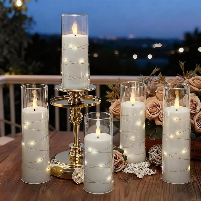 Raycare Flameless Candle with Remote Timer, 7 Flickering Acrylic Battery Operated LED Pillar Candles with Embedded Star String for Halloween, Home Decor, and as a Gift(White)