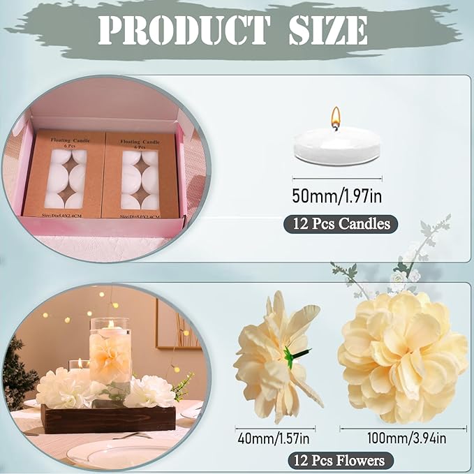 Vase Fillers with 12 Floating Flowers and 12 Candles, Unscented