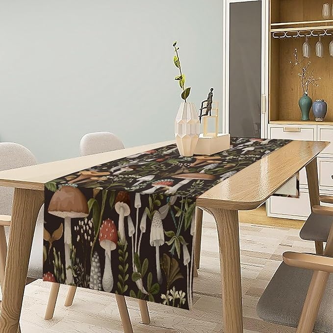 Mushroom Table Runner,Retro Forest Wildflower Botanical Plants Flower Art Pattern Print Burlap Hotel Indoors Outdoor Dining Room Kitchen Holiday Party, 13x60in