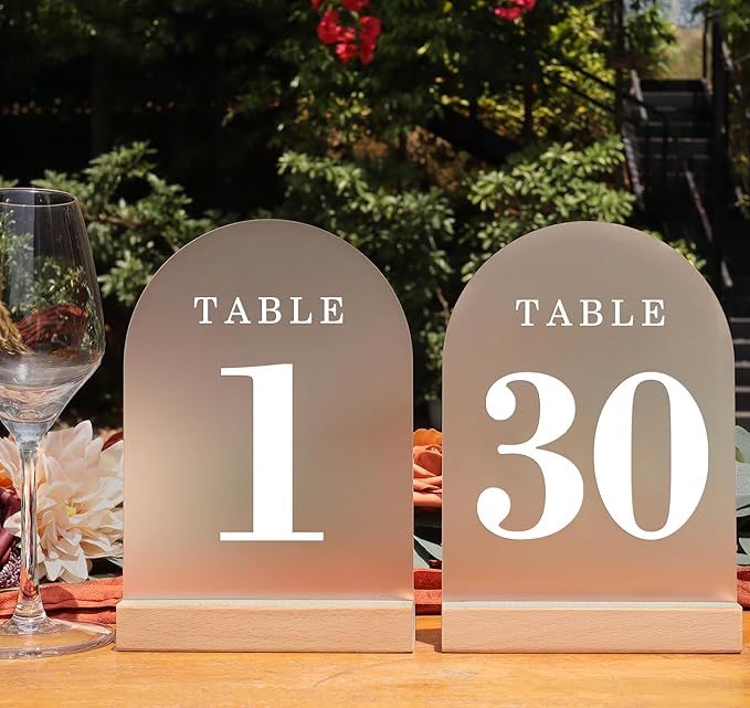 Tabletop Signs: Frosted White Acrylic Numbers 1-30 with Wood Stands