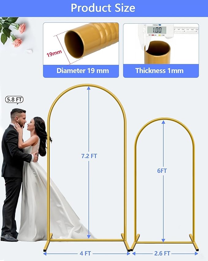 Arch Backdrop Stand Set, Gold Metal, 7.2ft and 6ft Heights