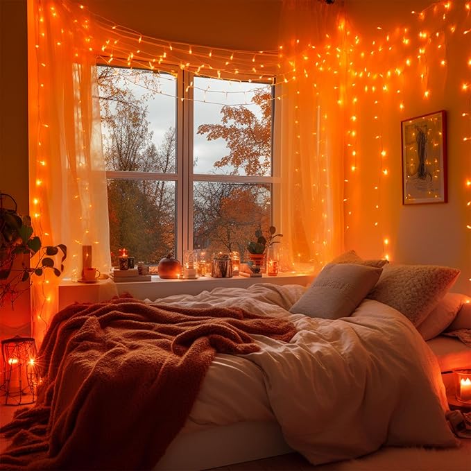 String Lights, 168 Ft Orange LED with Remote, Timer and Storage Reel