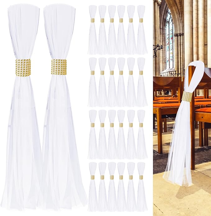 Tulle Pew Bows 26 Pieces with Gold Rhinestone Wrap and Chiffon Layers